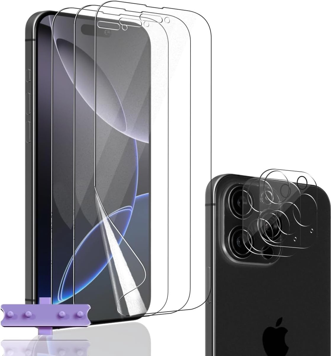 3 + 2 stuks beschermfolie voor iPhone 16 Pro, 3 stuks en 2 stuks, pantserglas voor camera, zachte TPU-displaybeschermfolie, HD, anti-kras, anti-luchtbellen, displaybescherming