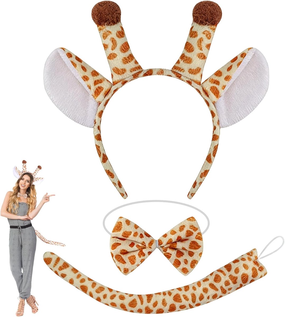 Kostuum, giraffe hoofdband, vlinderdas, staart set, safari party kostuum accessoires, verkleedkleding dier thema feestbenodigdheden voor Halloween, wereldboekendag