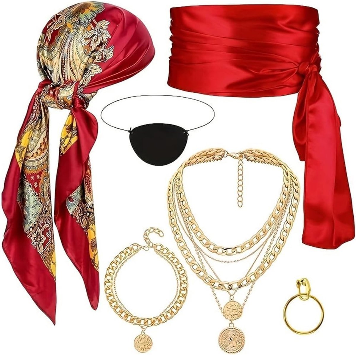 Piratenkostuum, accessoires, bandana, set met halsdoek, oogklep, halsketting, armband, oorbel, piratenkostuum voor dames, party, cosplay, carnaval