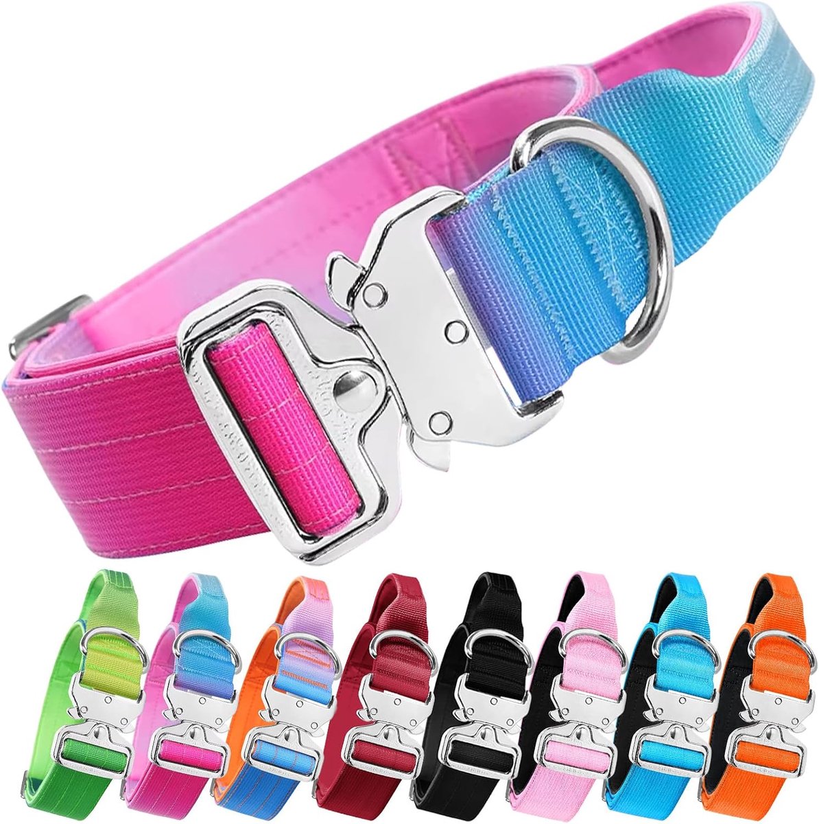 Hondenhalsband, verstelbare nylon halsband met handvat en snelsluiting metalen gesp, zwaar belastbare, brede dikke halsbanden voor huisdierentraining (roze, blauw, paars kleurverloop