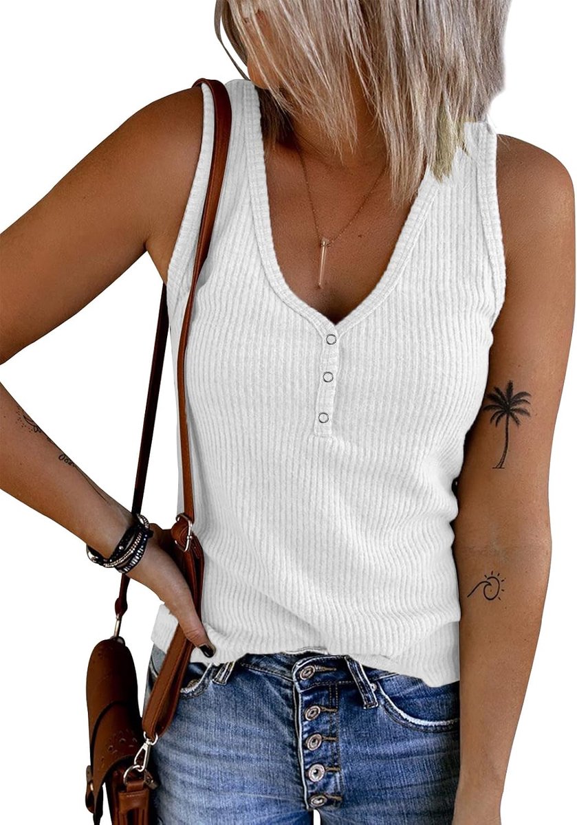 Dames Tanktop Chique V-hals Tank Tops Casual Mouwloze T-shirts Geribde Gebreide Knoop Shirts Sexy Vest Lente Zomer Tuniek Crop Tops
