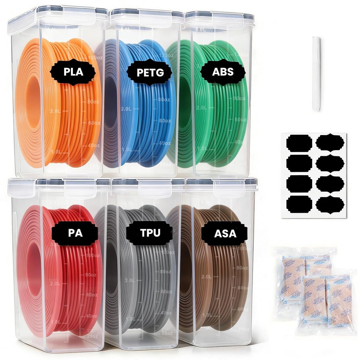 Opbergdoos, 6 stuks filamentbox voor 3D-printfilament, verzegeling en bescherming, water- en stofdicht, filamentopslag met droogmiddel en etiketten, 4,0 l