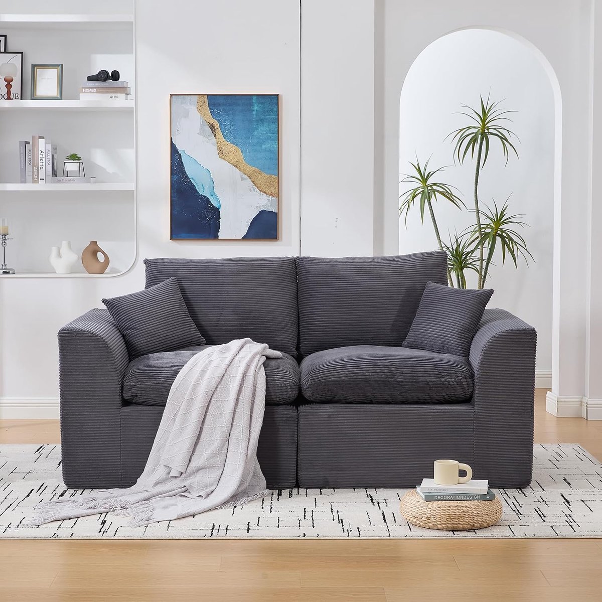 2-zitsbank, modulaire bank, corduroy sofa met kussen, vrijetijdsbank in Scandinavische stijl, woonkamer, geen montage nodig (corduroy, donkergrijs-2-zits)