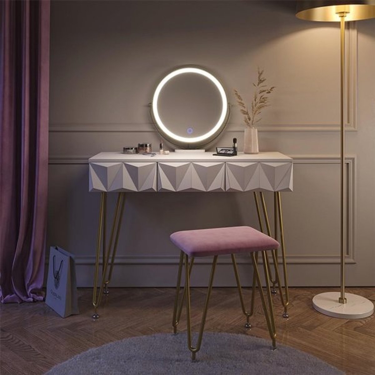 Make-uptafel set met kruk en LED-verlichting - 100 cm