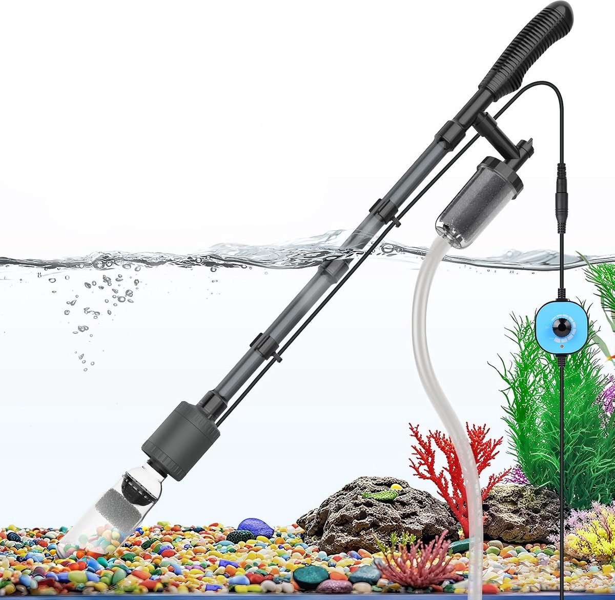 Fishkeeper DC Controller mulmzuiger aquarium elektrisch met instelbare doorstroming, 6-in-1 multifunctionele aquariumzuiger bodemreiniger, 25 W, veilige elektrische waterverversingsset & grindreiniger