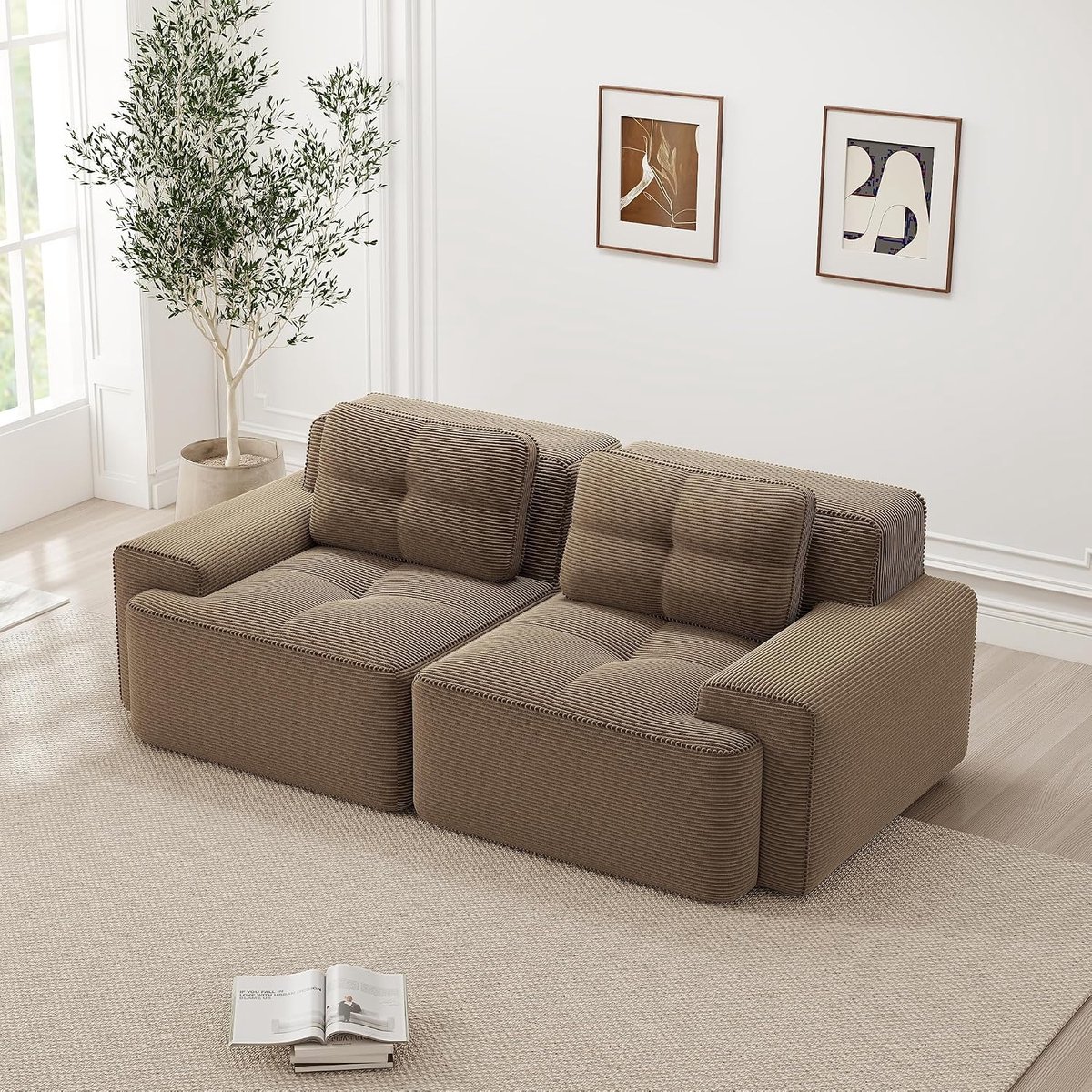 Boneless Modulair 2-zitsbank van corduroy stof, diep zittend Cloud sofa zonder montage, modulair slaapbank met brede armleuningen en antislip basis, modern loveseat sofa voor de woonkamer