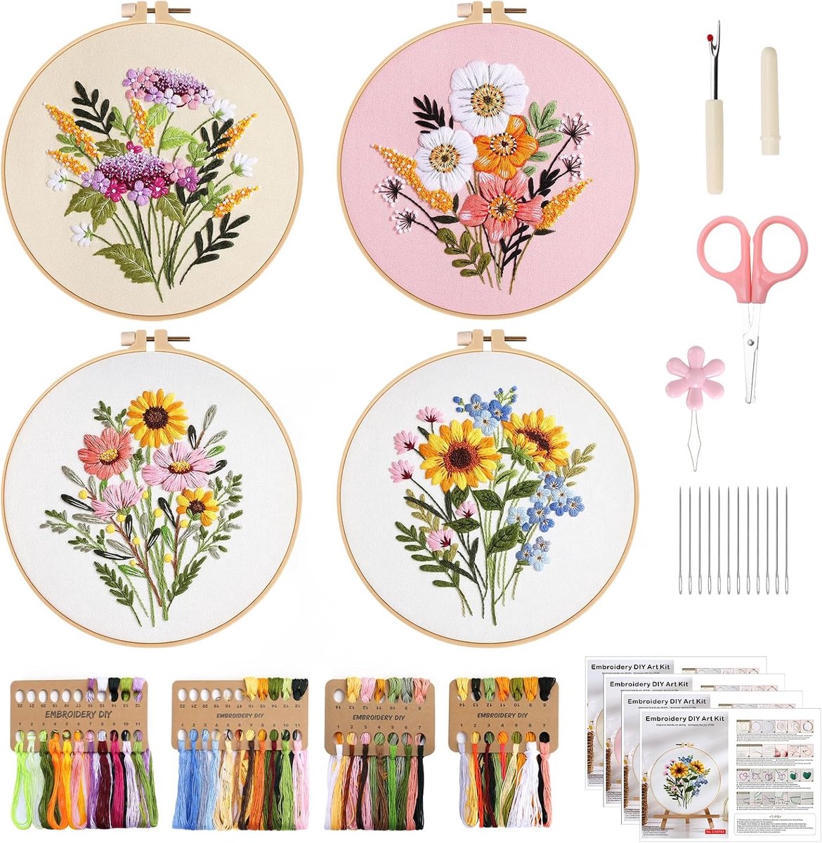 4pcs Borduursets voor met bloemenpatroon, Borduurstarterkit voor en Volwassenen, Borduurset voor Volwassenen, Borduurgarenset Beginners om 28 verschillende Steken te leren