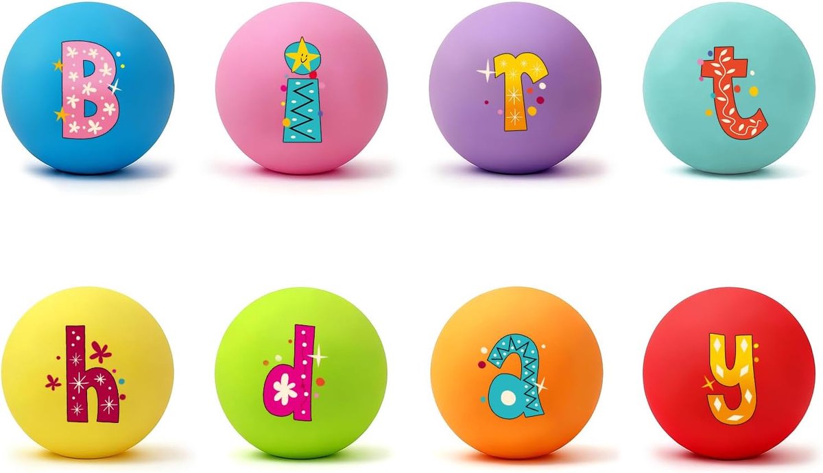 6 cm - 8-delige set verjaardag letterballen, natuurlijke latex piepballen voor kleine en middelgrote honden tot 18 kg, 8 kleuren: rood, geel, paars, blauw, roze, oranje