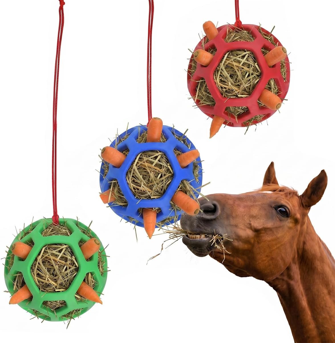 Set van 3 hooiballen paard Slow Feeder TPR 13,5 cm hangende voederbal