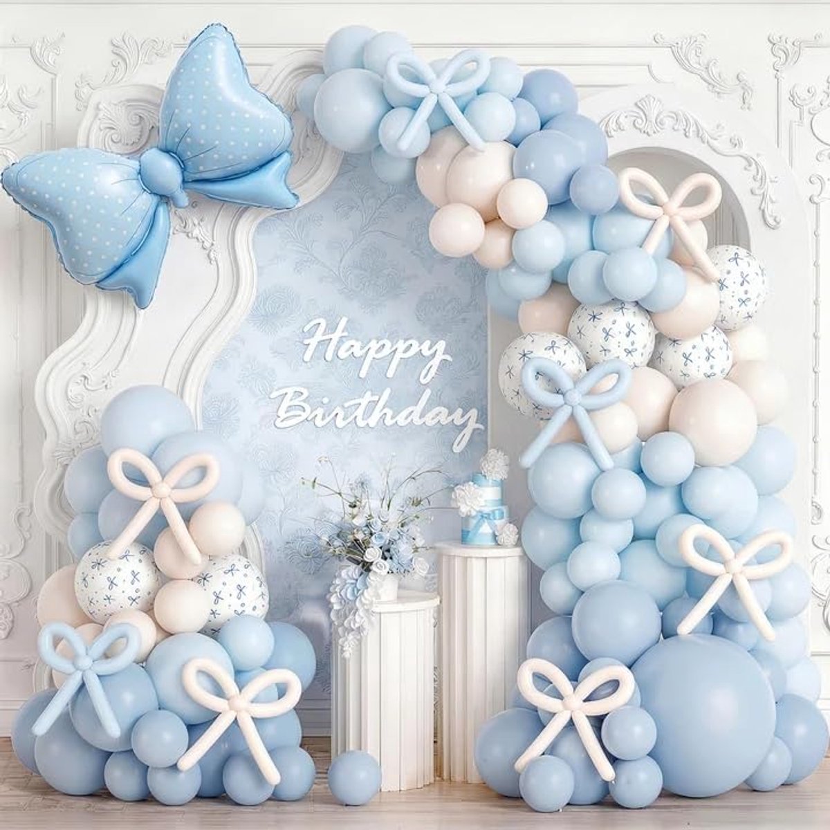 Ballonnen, blauw, wit, boogballonnen, verjaardagsdecoratie, meisjes, folieballonnen, strik, blauw en wit, aluminium, hartvorm, voor kinderverjaardagsfeesten, meisjesfeesten