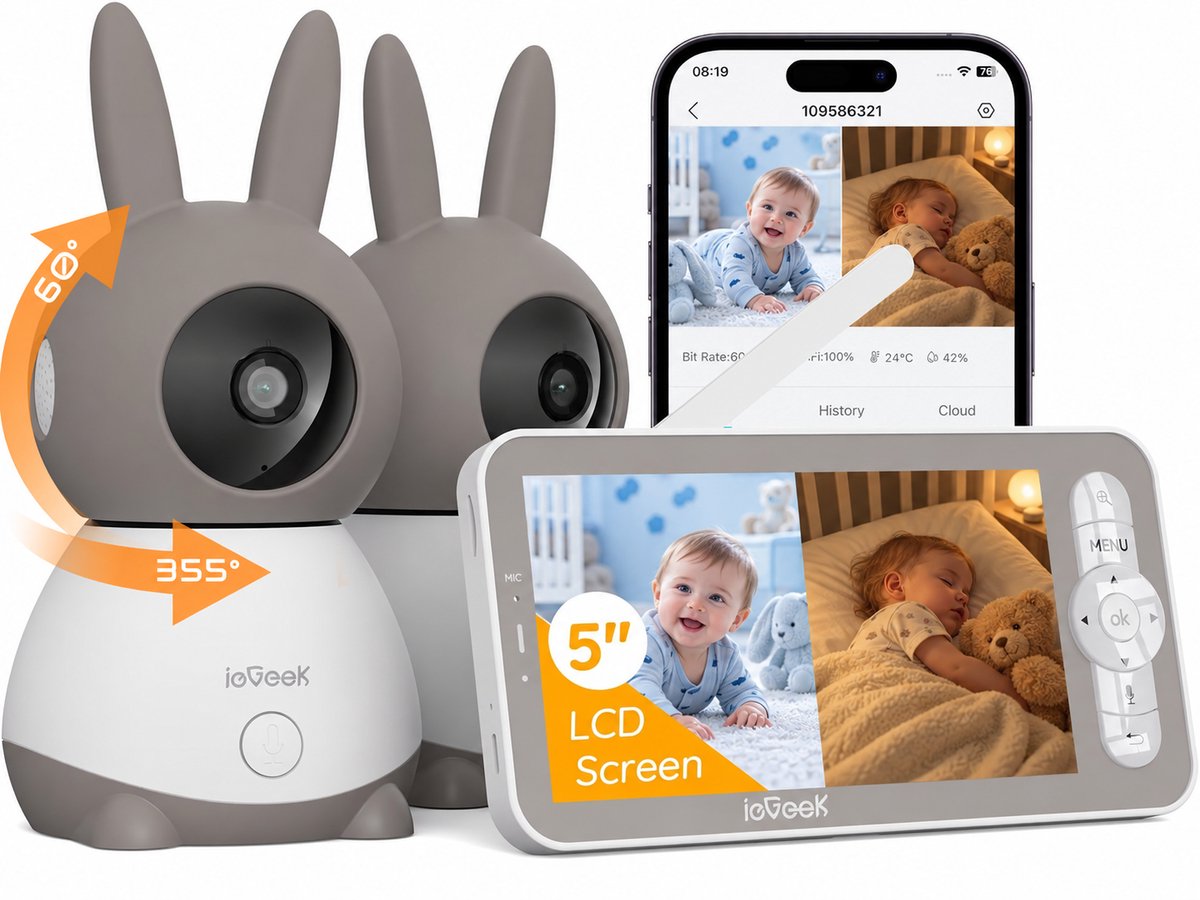 Wifi Babyfoon Met 2 Camera's - Baby Monitor - Babyfoon met 5 inch scherm - Ultra HD 2K Resolutie - Op Afstand Bestuurbaar - Slaapliedjes
