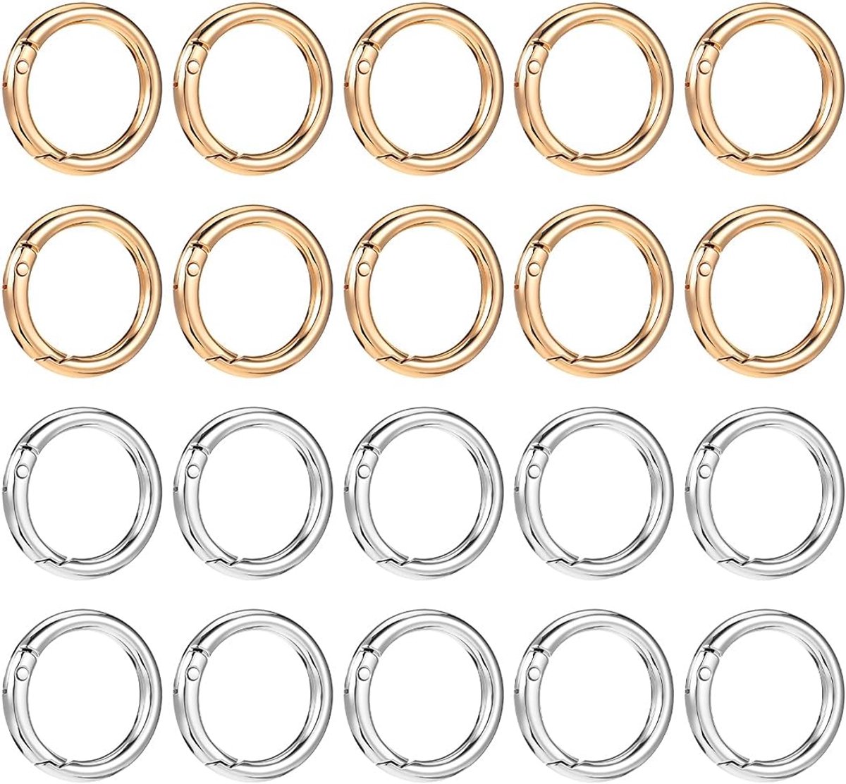 20 stuks karabijnhaken, rond, 35 mm, accessoires voor haaknaaldtassen, karabijnring, O-ring, zakringen, sleutelhangerring, voor rugzakken, portemonnees, bagage, kunsthandwerk (zilver en goud)