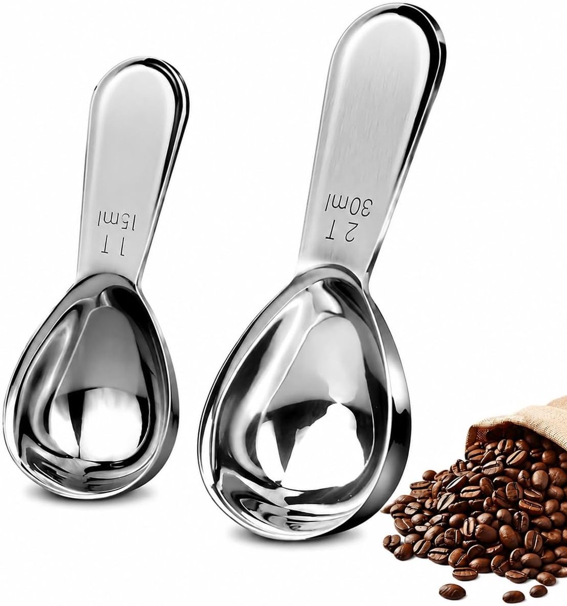 2 stuks koffielepels van 15 ml en 30 ml, duurzame maatlepel, nauwkeurige koffiedosepel, set van maatlepels voor koffie, thee en specerijen, ergonomische handgreep, vaatwasmachinebestendig