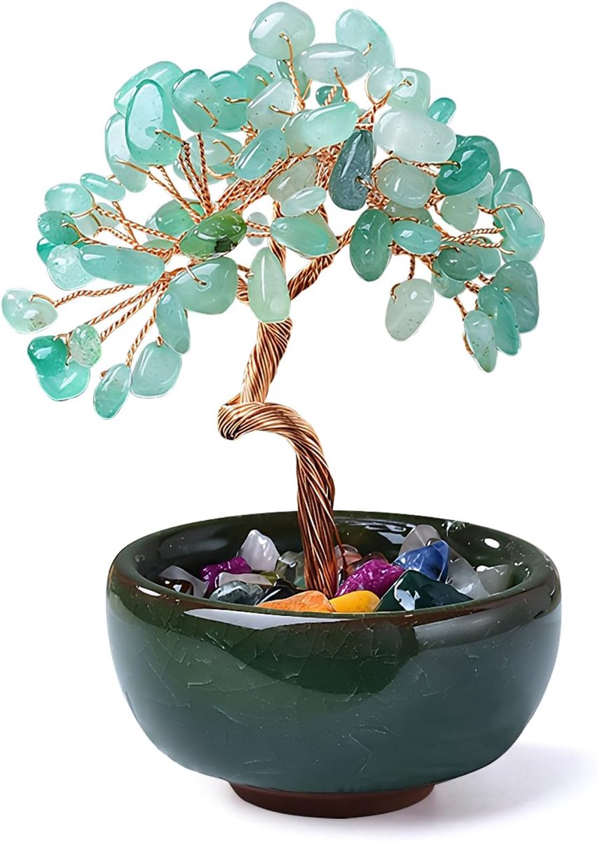 Aventurijn Kristallen Levensboom met Keramische Bloempot, Feng Shui Edelstenen Gelukskruid Decoratie voor Huis en Kantoor, Desktop Ornament