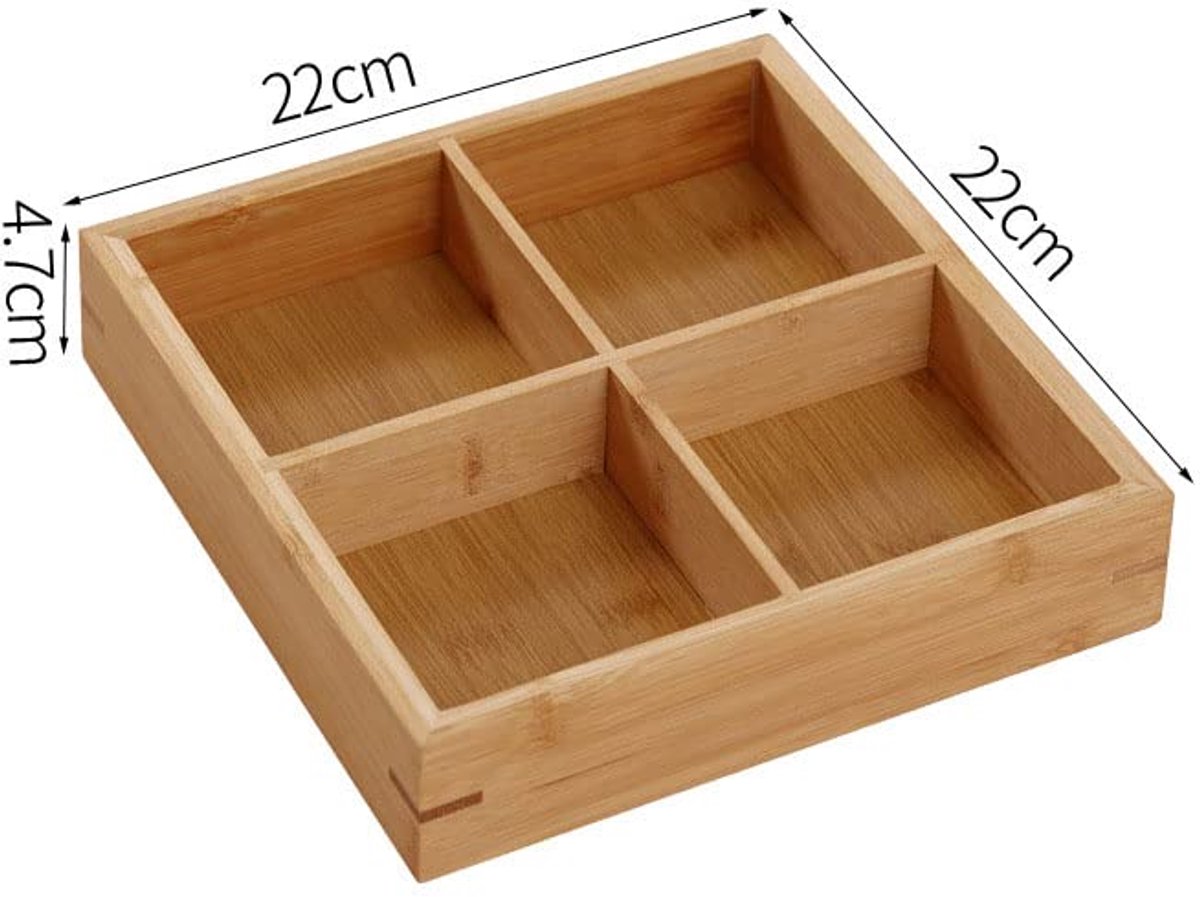 Lade Organizer - Opbergbakjes met 4 Vakken - Bamboe Bestekbak - Bureau Organizer - Sieradendoos Inleg - Badkamer Accessoires - Keukenla Verdeler - Houten Sorteerdoos - Theezakjes Houder - Kantoor Artikelen Opbergen - Stevig - Houtkleur - 1 Stuk — cadeau in Cadeau-ideeën - foto 3