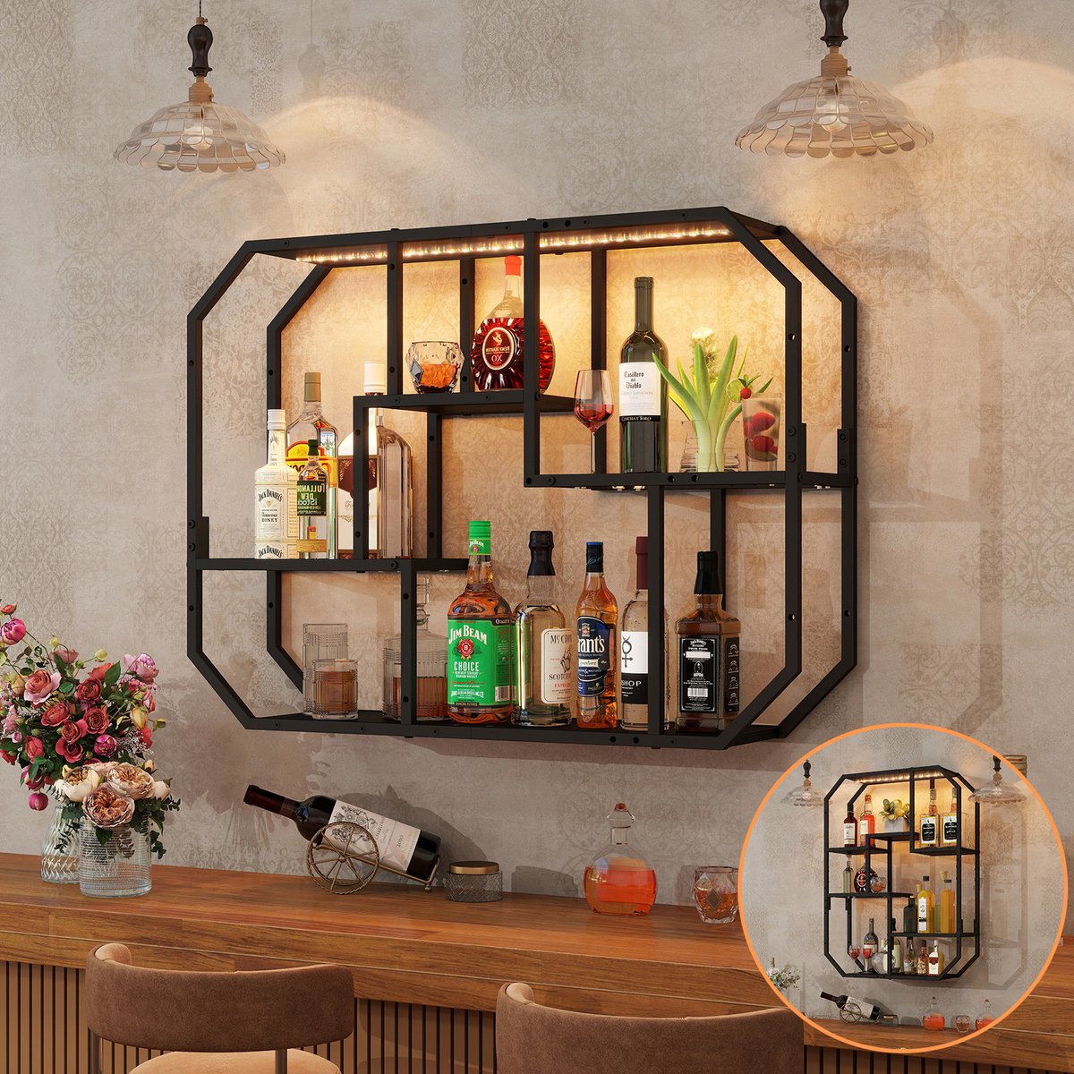 Puluomis – Wijnrek - Wandschap – met RGB-verlichting – horizontale en verticale installatie - 85x20x63cm - Zwart