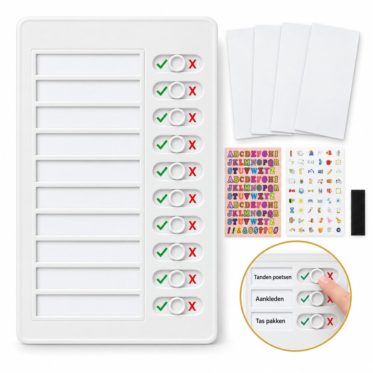 DIVERZA To Do Planner – Herbruikbaar Takenbord voor Kinderen & Volwassenen met 10 Schuifjes – Incl. 4 Kaarten & Stickers – Dagplanner 20x12 cm – Wit