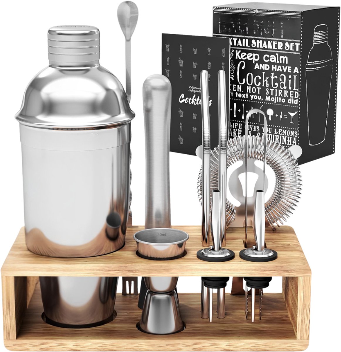 Verte - Cocktail Shaker Set - Met Houten Boek + Receptenboek - 13-Delige Roestvrijstalen Premium Barman-Set - Professionele Cocktailshaker - Baraccessoires - Martini - Gin - Mojito - Longdrinks - Feest - Verjaardagscadeau - Voor Mannen En Vrouwen