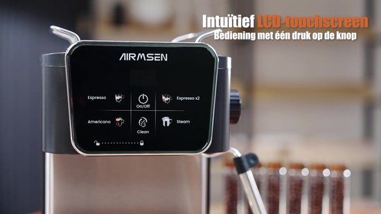 AIRMSEN Espressomachine - 20 Bar - Zelfreinigingsfunctie - Touchscreen - Stoompijpje - Semi-Automatisch - Pistonmachine - Kopjeshouder - Voor 1 of 2 Kopjes - Zwart