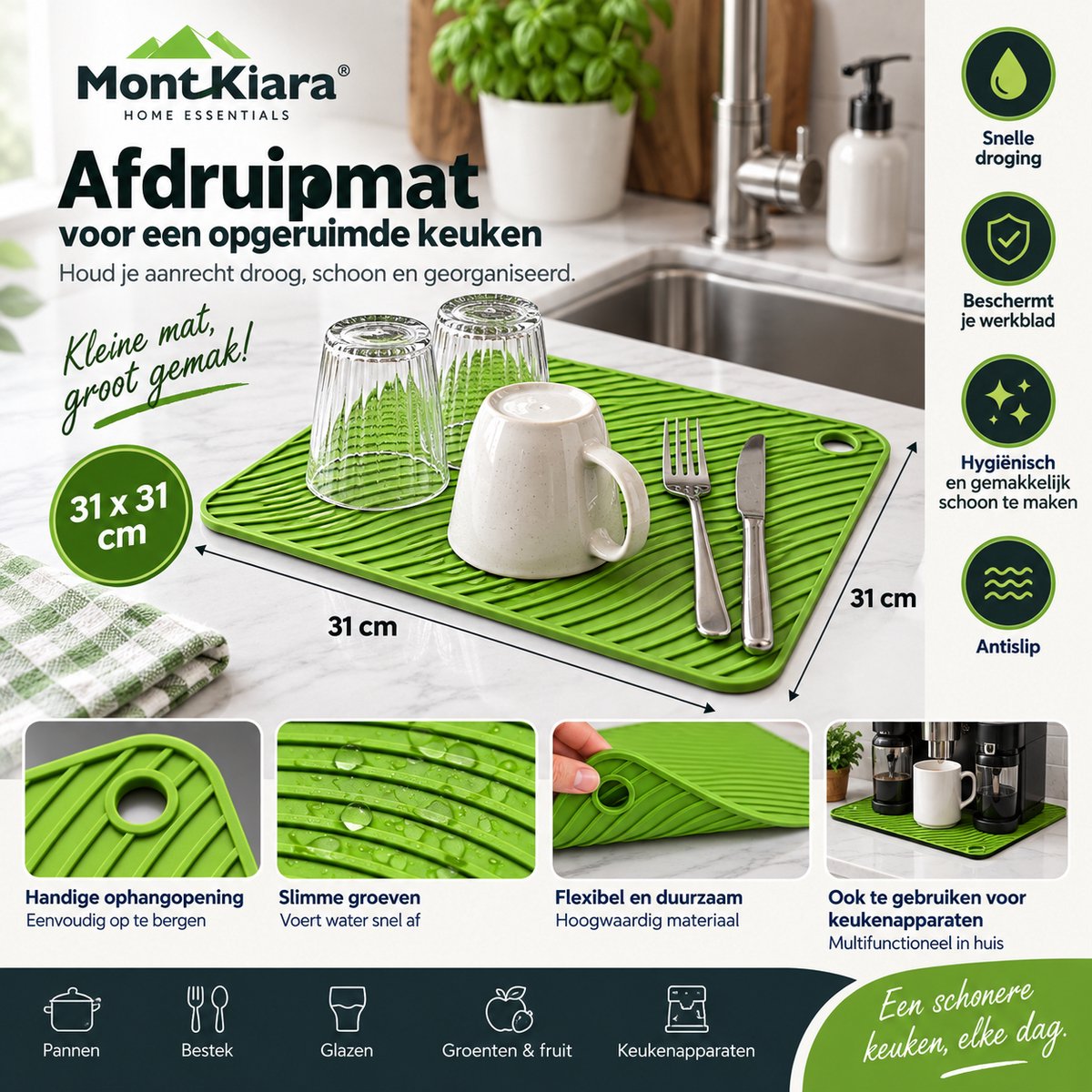 Mont Kiara Premium Gootsteenmat 31x31 cm – Antislip Spoelbakmat – Groen