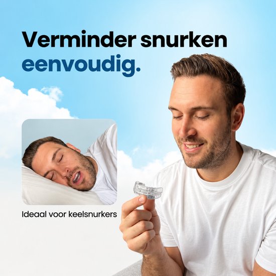 Man houdt een snurkbeugel vast, met kleine afbeelding van man die snurkt.