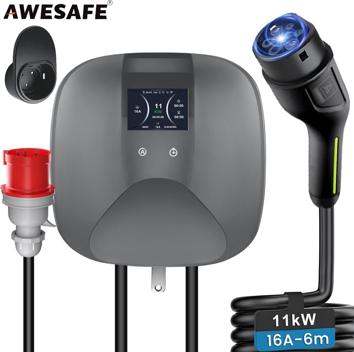 Awesafe 11kw Laadpaal - Wandgemonteerde laadpaal voor thuisgebruik - Type 2 - 3-Fase - Waterdicht - 16A - 6A/8A/10A/13A/16A Schakelbaar - 6M Laadkabel - Met App/WiFi Bediening