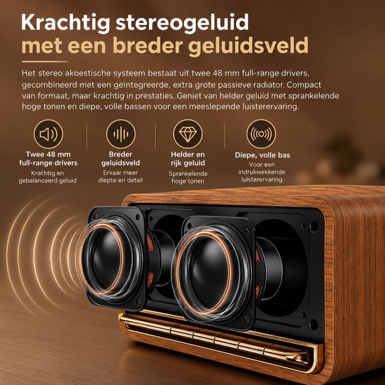DPLUNIQ Speaker - Box - Speakers - Luidspreker - Bluetooth 5.0 - Vintage - 16,4x8,4x10,8cm - 2500mAh - 20W - Hout - Bruin — afbeelding 5