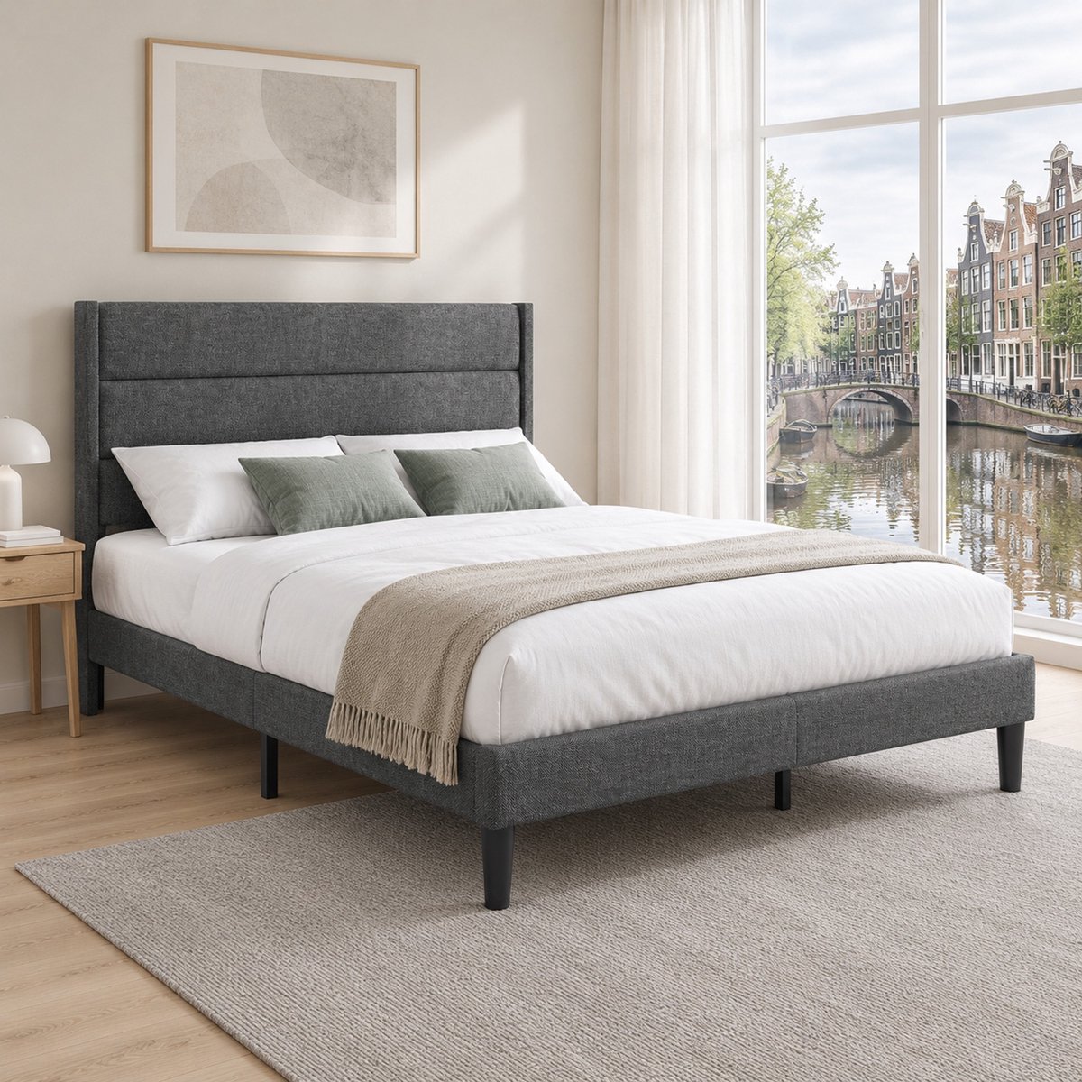 WUVRIE Gestoffeerd bedframe 90x200 cm met hoofdbord en lattenbodem, grijze linnen stof Grijs