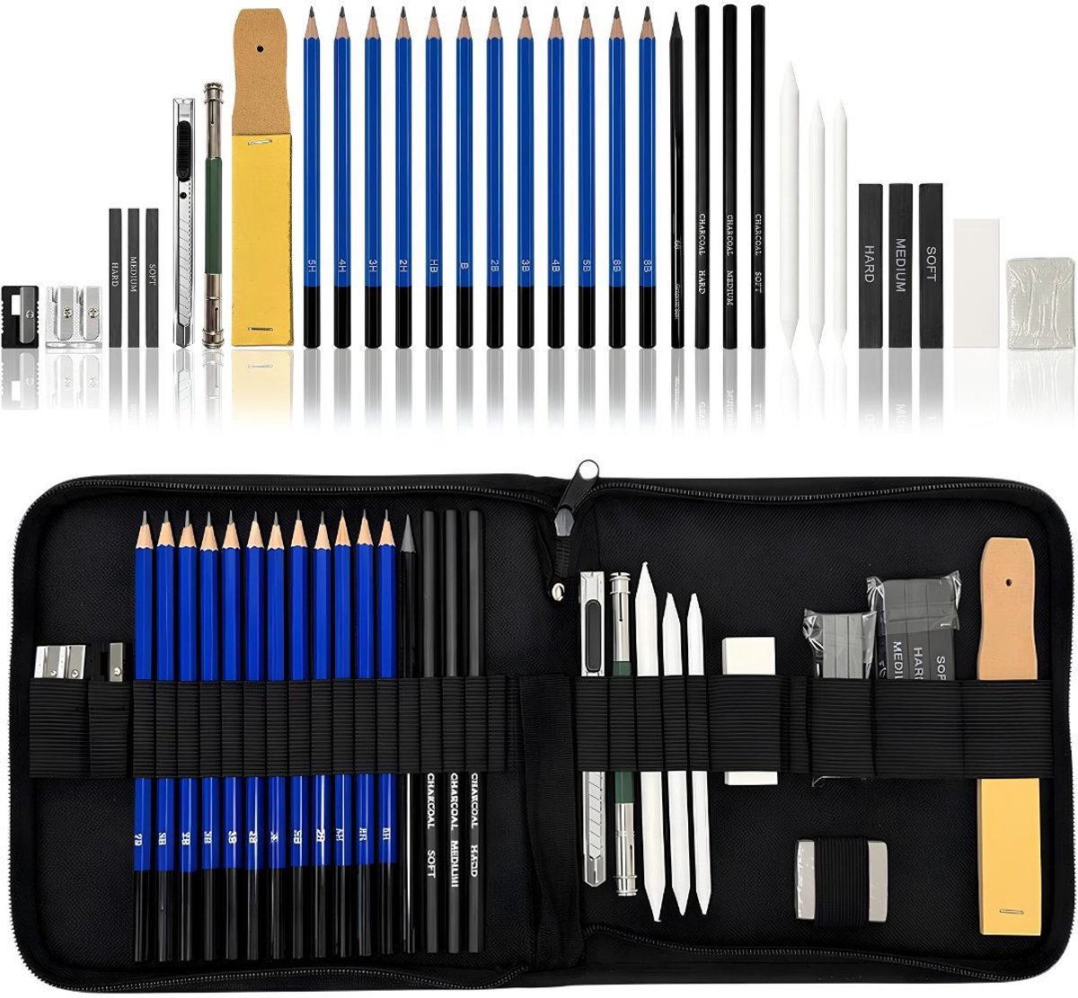 JCP® Tekenset - Professionele Tekenset 33pcs - Tekenset voor Volwassenen en Kinderen - Blauw - ‎21cm x 3cm x 25cm