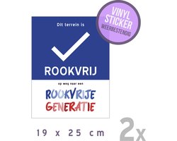 Pictogram/ vinyl stickers (2x) | "Dit terrein is rookvrij - Op weg naar een rookvrije generatie" | 19 x 25 cm | Domein | Verboden te roken | Vapen | Vape | Dampen | Sticker | Watervast | Sigaretten | Zelfklever | 2 stuks