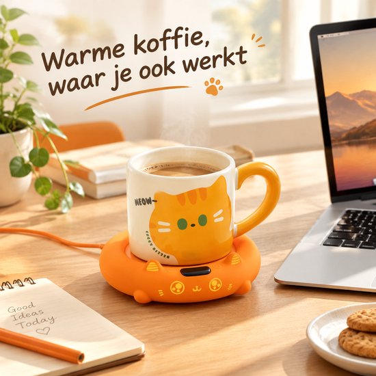 Namajunas Katvormige Warmhoudplaat voor Koffie & Thee - Elektrische Mok Warmer - 4 Temperatuurstanden - Warmhoudonderzetter voor Bureau en Thuis - Oranje — afbeelding 2