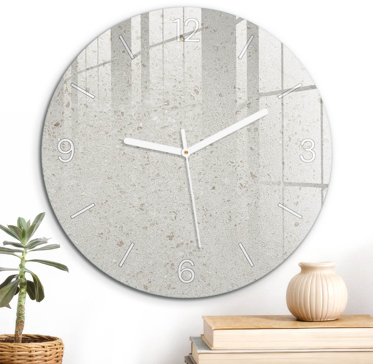 ArtPrintCave Beige Glazen Klok - Wandklok 30 cm - Muurklok Rond - Beige Patronen Wandklok Keuken - Achtergronden En Patronen Unieke Klok - Witte Klokwijzers