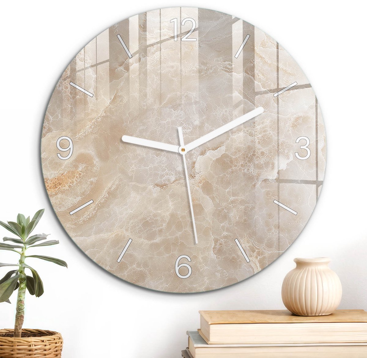ArtPrintCave Beige Glazen Klok - Wandklok 30 cm - Muurklok Rond - Steenstructuur Wandklok Keuken - Achtergronden En Patronen Unieke Klok - Witte Klokwijzers