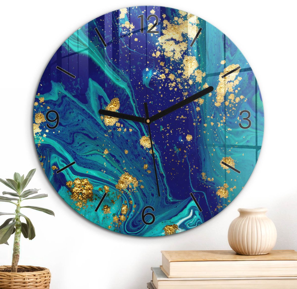 ArtPrintCave Blauw Glazen Klok - Wandklok 30 cm - Muurklok Rond - Blauwe Abstractie Stille Wandklok - Kunst Wandklok Keuken - Zwarte Klokwijzers