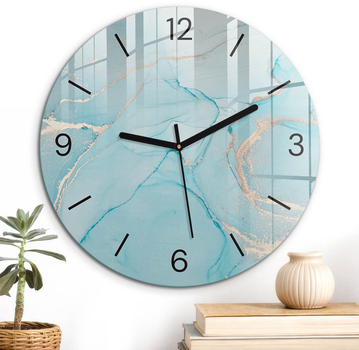 ArtPrintCave Blauw Glazen Klok - Wandklok 30 cm - Muurklok Rond - Pastel Abstractie Unieke Klok - Achtergronden En Patronen Stille Wandklok - Zwarte Klokwijzers