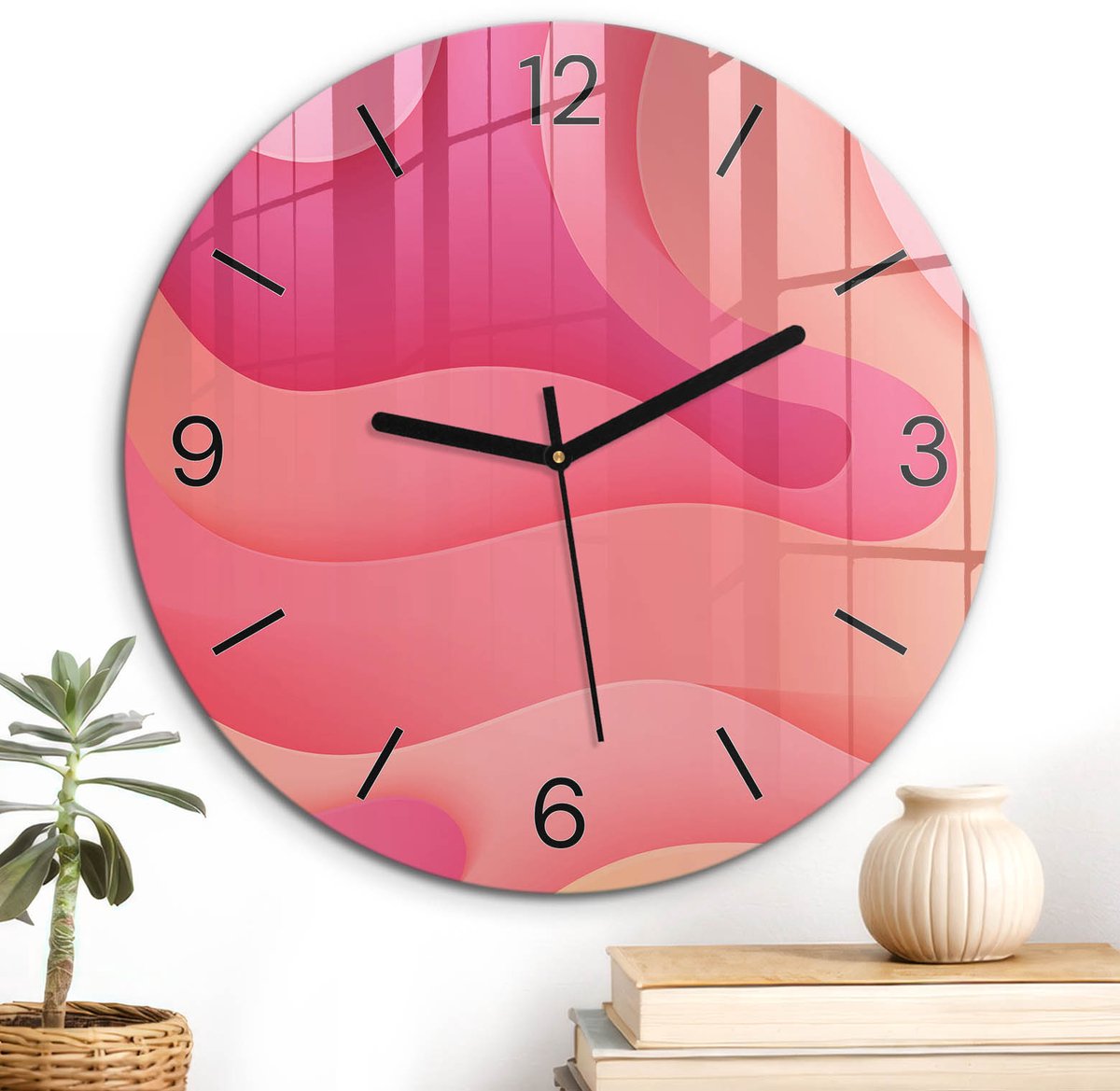 ArtPrintCave Roze Glazen Klok - Wandklok 30 cm - Muurklok Rond - Energetische Abstractie Unieke Klok - Kunst Stille Wandklok - Zwarte Klokwijzers