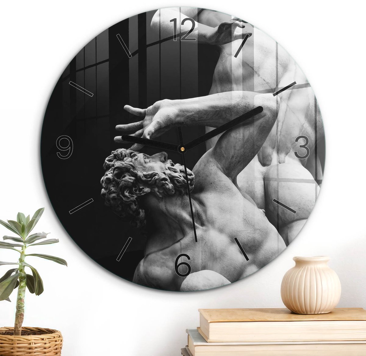 ArtPrintCave Zwart Glazen Klok - Wandklok 30 cm - Muurklok Rond - Dramatische Scène Stille Wandklok - Mensen Wandklok Keuken - Zwarte Klokwijzers