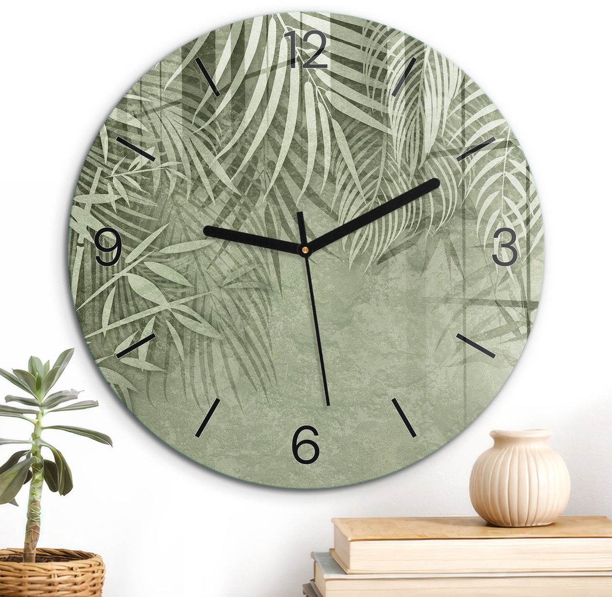 ArtPrintCave Groene Glazen Klok - Wandklok 30 cm - Muurklok Rond - Groene Natuur Stille Wandklok - Natuur Wandklok Keuken - Zwarte Klokwijzers