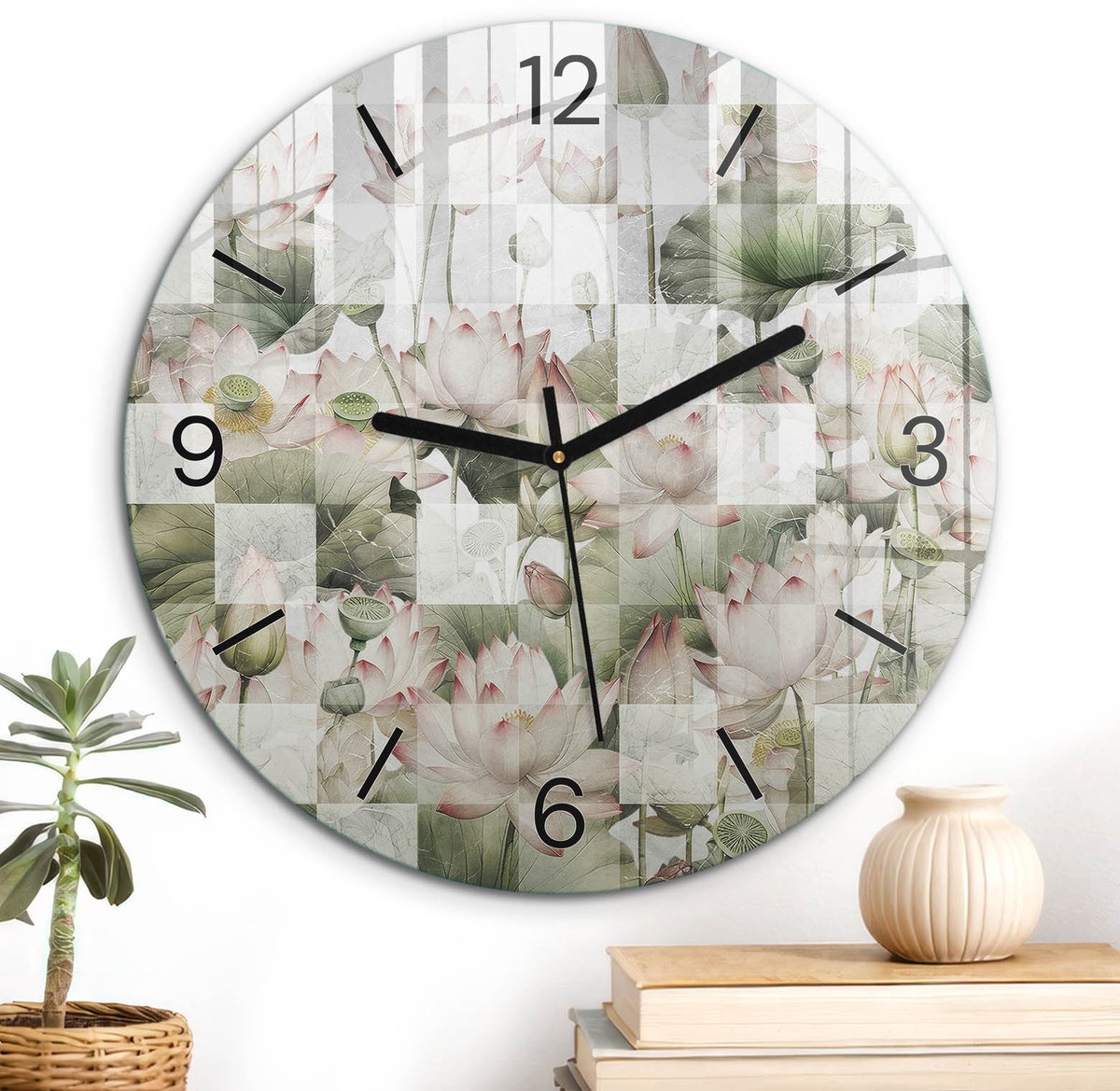 ArtPrintCave Groene Glazen Klok - Wandklok 30 cm - Muurklok Rond - Lotusbloemen Unieke Klok - Natuur Stille Wandklok - Zwarte Klokwijzers