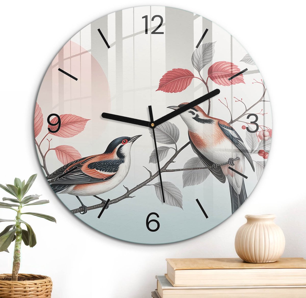 ArtPrintCave Grijs Glazen Klok - Wandklok 30 cm - Muurklok Rond - Vogels Natuur Wandklok Keuken - Bloemen En Planten Unieke Klok - Zwarte Klokwijzers