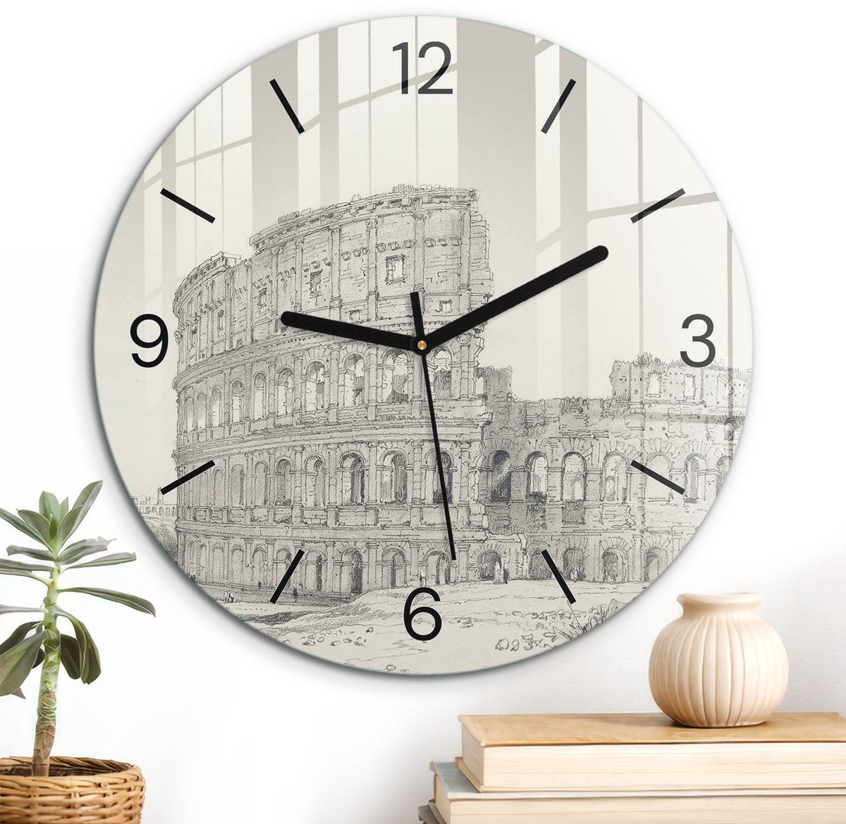 ArtPrintCave Grijs Glazen Klok - Wandklok 30 cm - Muurklok Rond - Schets Van Het Colosseum Wandklok Keuken - Kunst Unieke Klok - Zwarte Klokwijzers