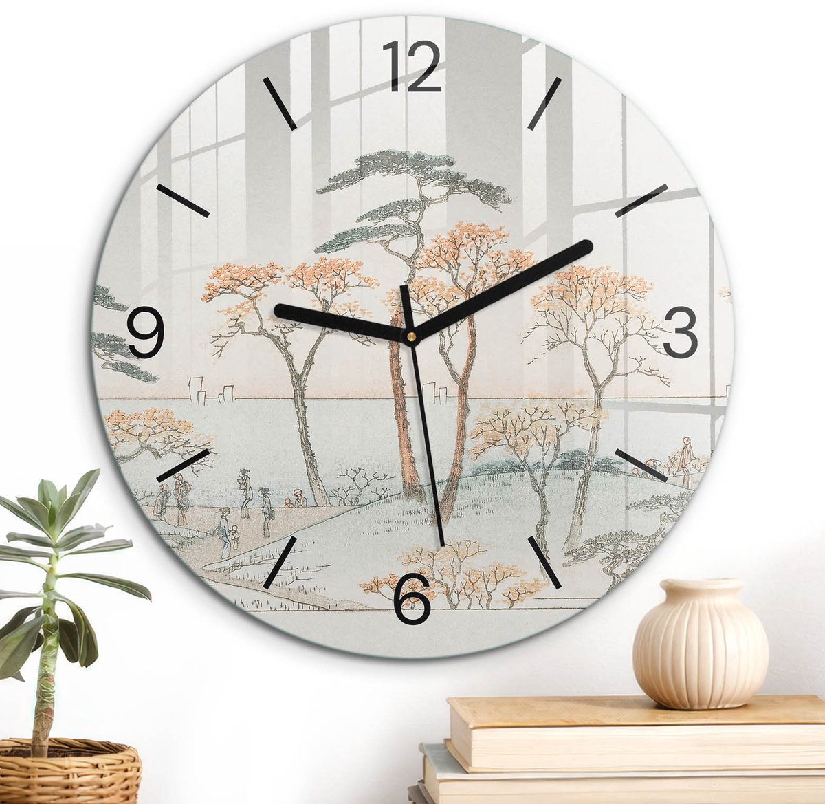 ArtPrintCave Grijs Glazen Klok - Wandklok 30 cm - Muurklok Rond - Japans Landschap Unieke Klok - Natuur Stille Wandklok - Zwarte Klokwijzers