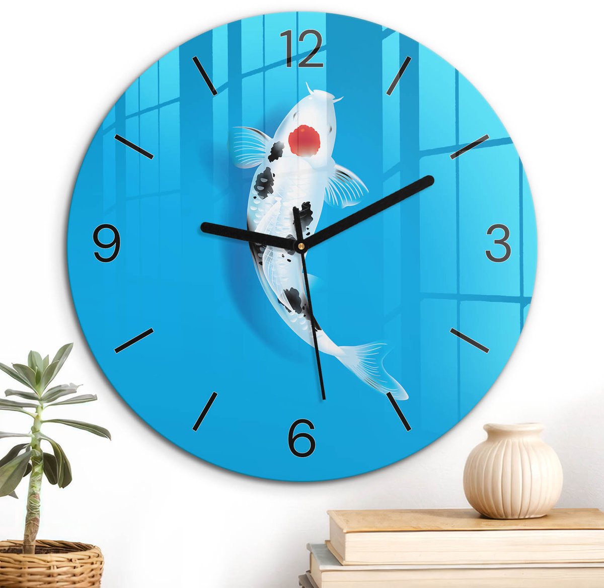 ArtPrintCave Blauw Glazen Klok - Wandklok 30 cm - Muurklok Rond - Koi Karper Wandklok Keuken - Natuur Unieke Klok - Zwarte Klokwijzers