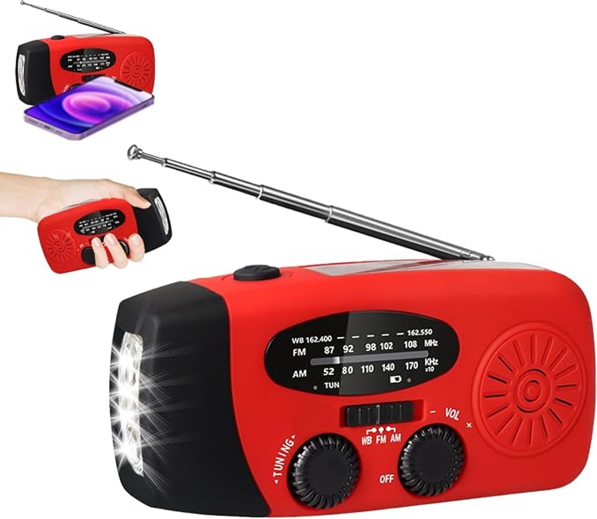 Draagbare Noodradio - Wind-Up Solar Radio - Noodradio - Opwindbare Survivalradio - Solar Powerbank - voor Outdoor, Caravan, Festival en Stroomuitval - rood