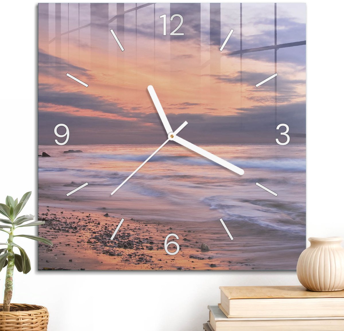 ArtPrintCave Oranje Glazen Klok - 30x30 cm - Wandklok Vierkant - Zeegezicht Unieke Klok - Natuur Stille Wandklok - Witte Klokwijzers