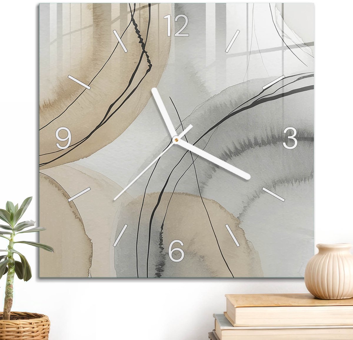 ArtPrintCave Beige Glazen Klok - 30x30 cm - Wandklok Vierkant - Abstracte Cirkels Stille Wandklok - Achtergronden En Patronen Wandklok Keuken - Witte Klokwijzers