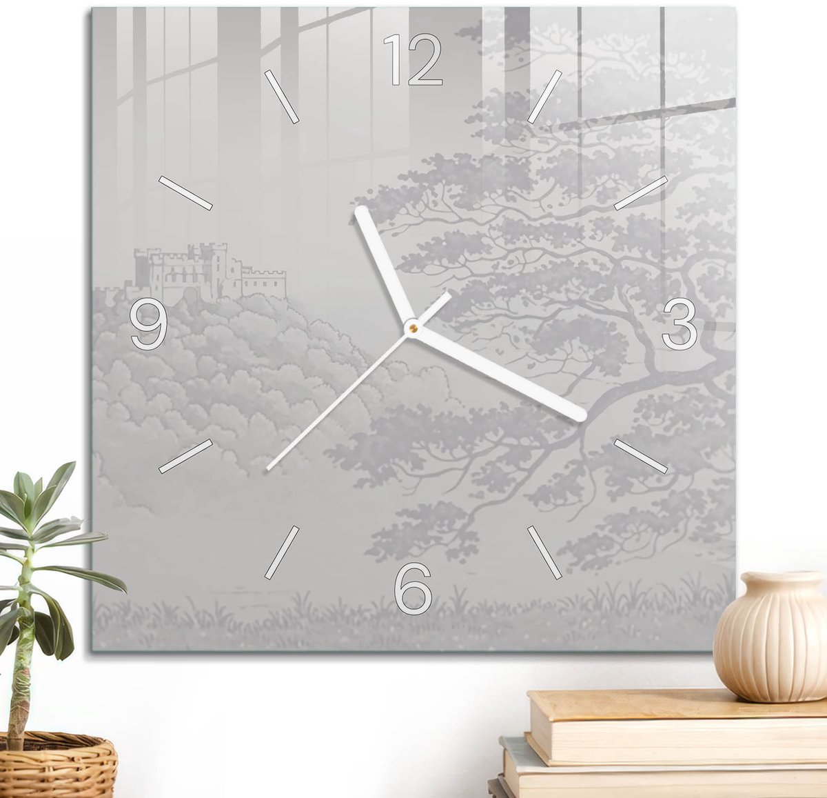 ArtPrintCave Grijs Glazen Klok - 30x30 cm - Wandklok Vierkant - Sprookjesachtig Landschap Unieke Klok - Architectuur Stille Wandklok - Witte Klokwijzers