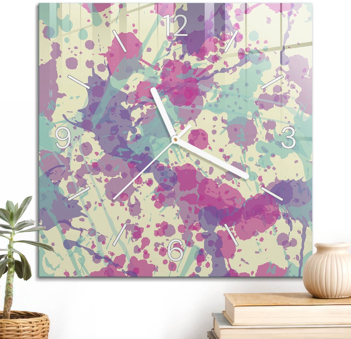 ArtPrintCave Roze Glazen Klok - 30x30 cm - Wandklok Vierkant - Kleurenexplosie Wandklok Keuken - Achtergronden En Patronen Unieke Klok - Witte Klokwijzers