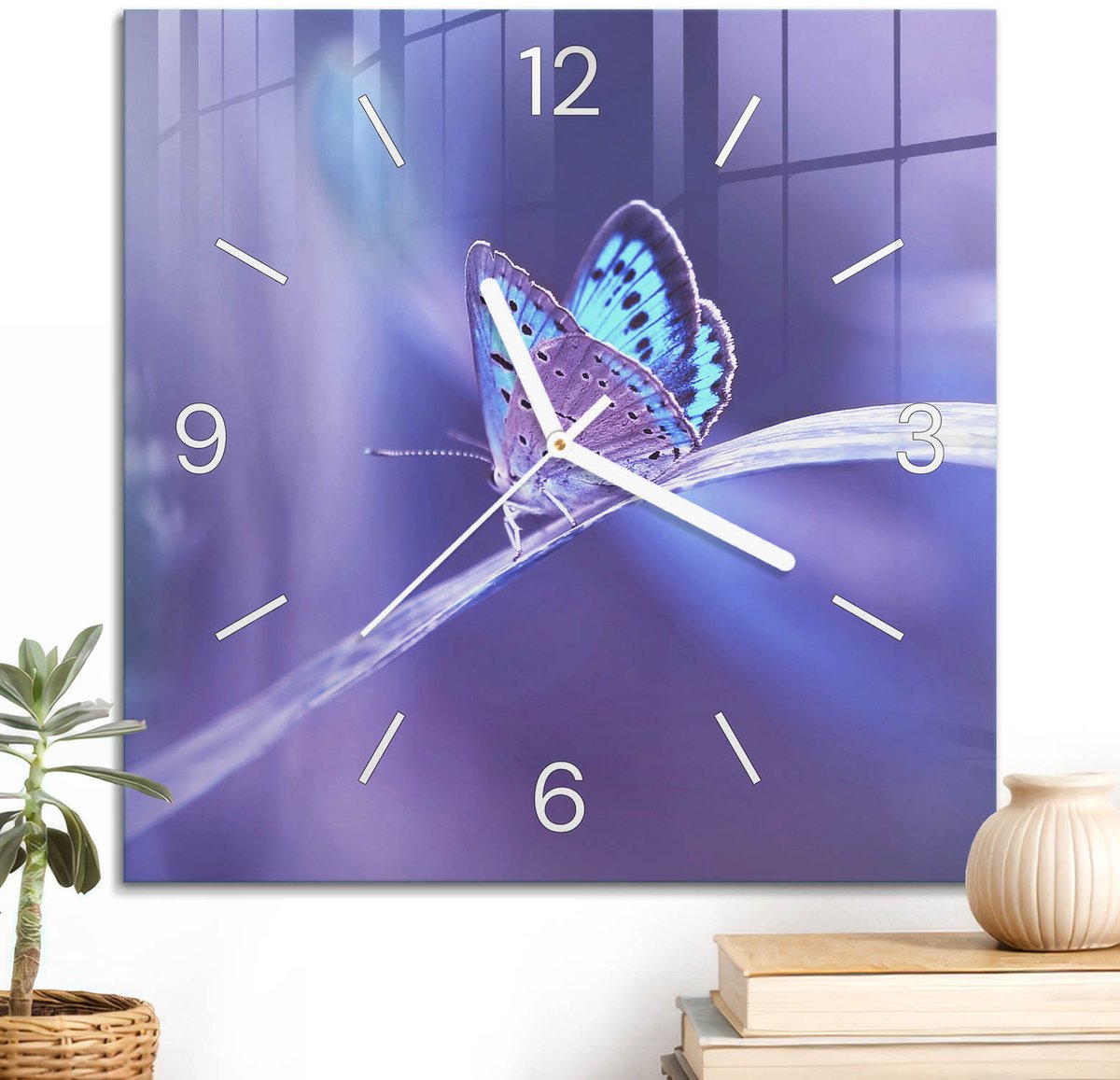 ArtPrintCave Paars Glazen Klok - 30x30 cm - Wandklok Vierkant - Vluchtige Schoonheid Stille Wandklok - Dieren Wandklok Keuken - Witte Klokwijzers