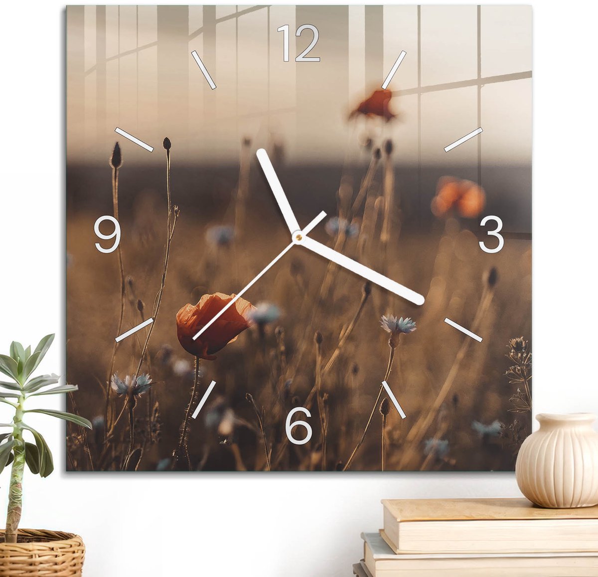 ArtPrintCave Oranje Glazen Klok - 30x30 cm - Wandklok Vierkant - Zomerweide Unieke Klok - Bloemen En Planten Stille Wandklok - Witte Klokwijzers